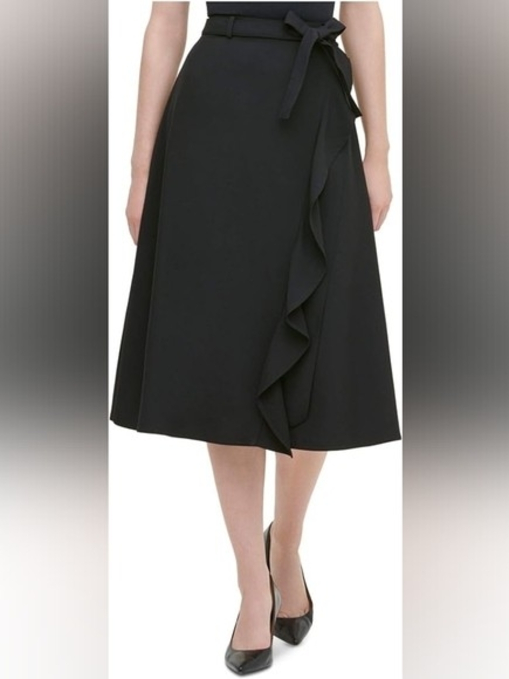 Calvin Klein Black A-Line Faix Wrap Midi Skirt with Ruffle Front